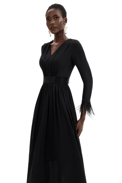 Rhinestone V-neck Long Sleeve Feather Midi Dress