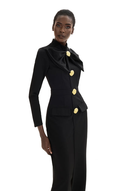 Bow Metal Button Long Sleeve Midi Dress