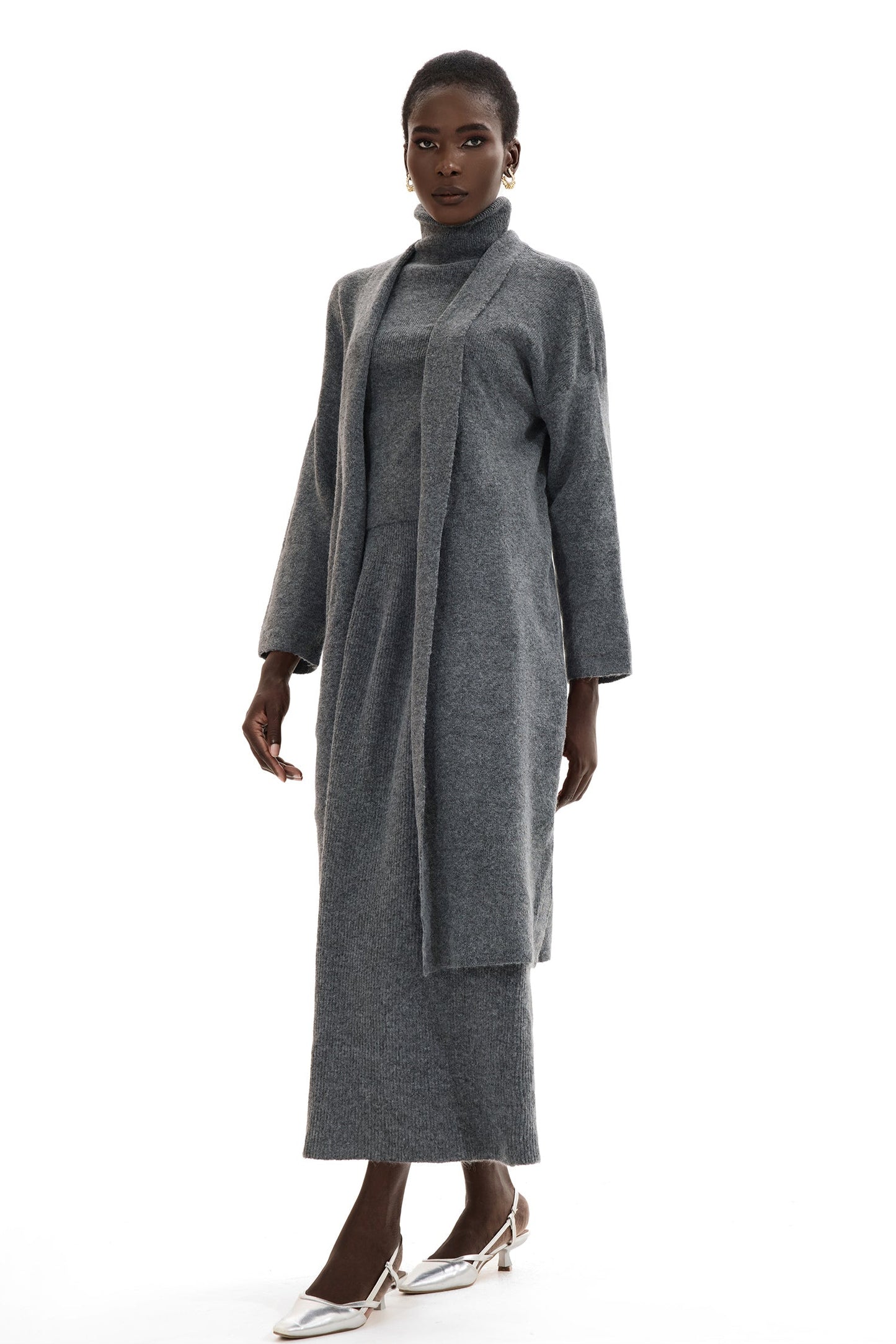 Long Sleeve Cardigan & High Neck Sleeveless Top & Maxi Skirt Set