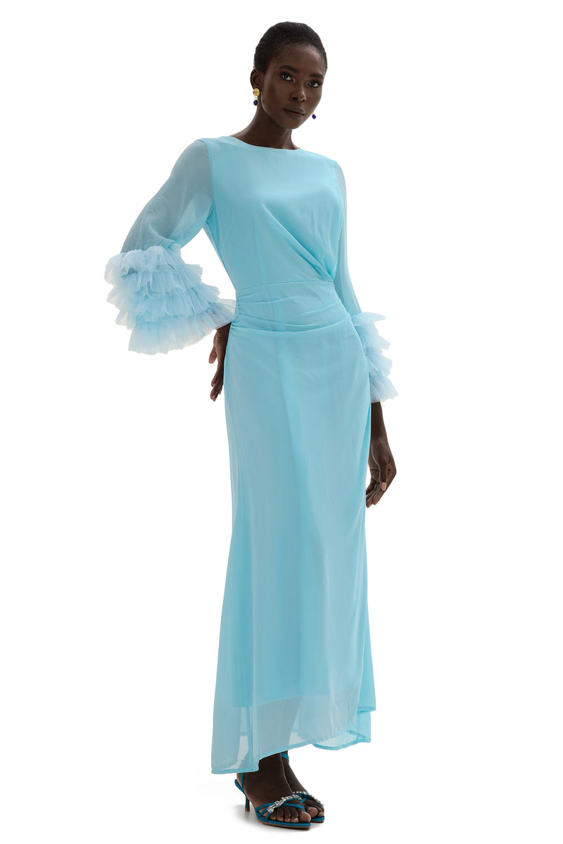 Around Neck Frill Long Sleeve Midi Dress