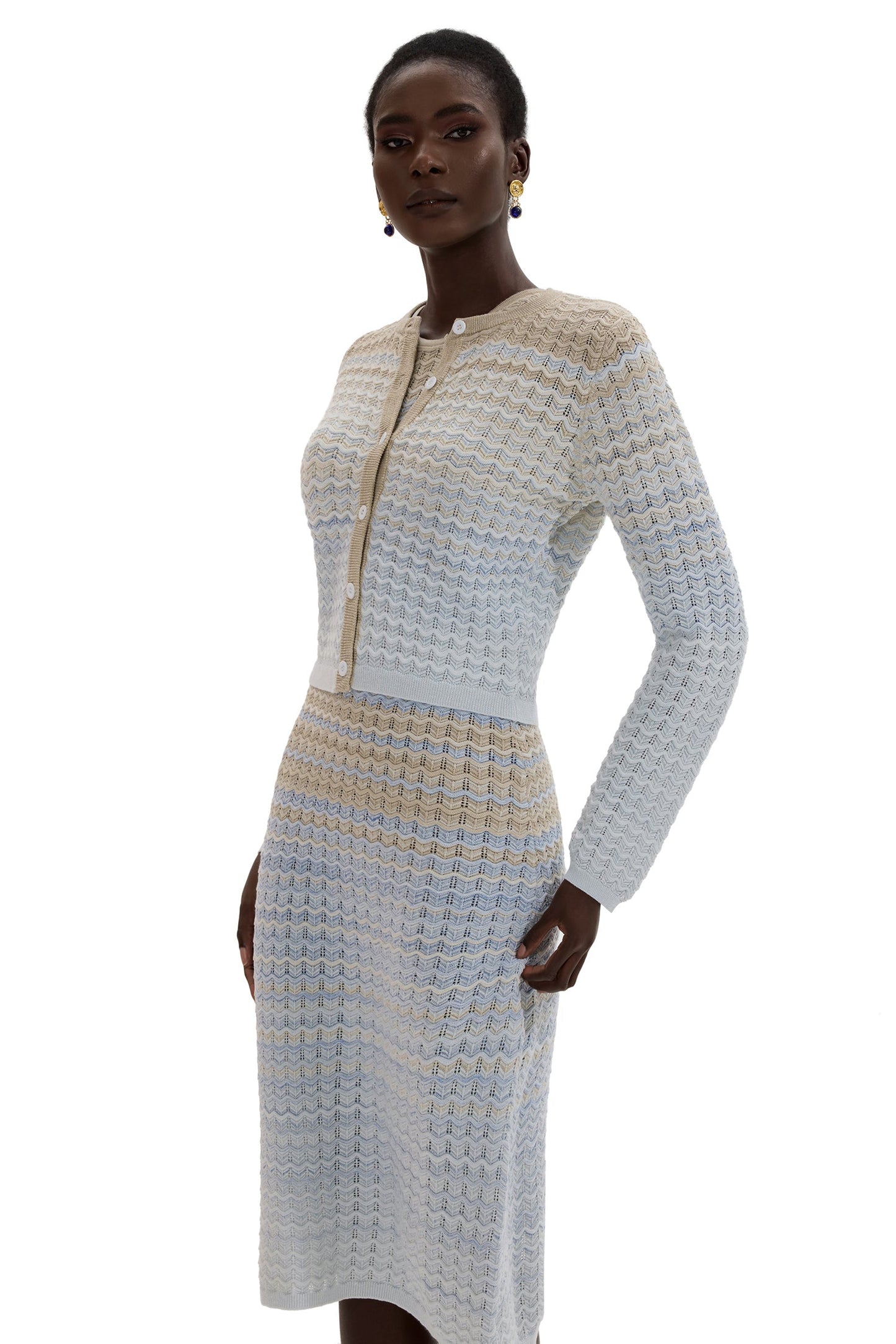 Knit Lurex Long Sleeve Coat & Sleeveless Midi Skirt Set