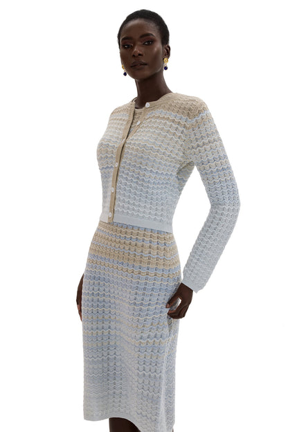 Knit Lurex Long Sleeve Coat & Sleeveless Midi Skirt Set
