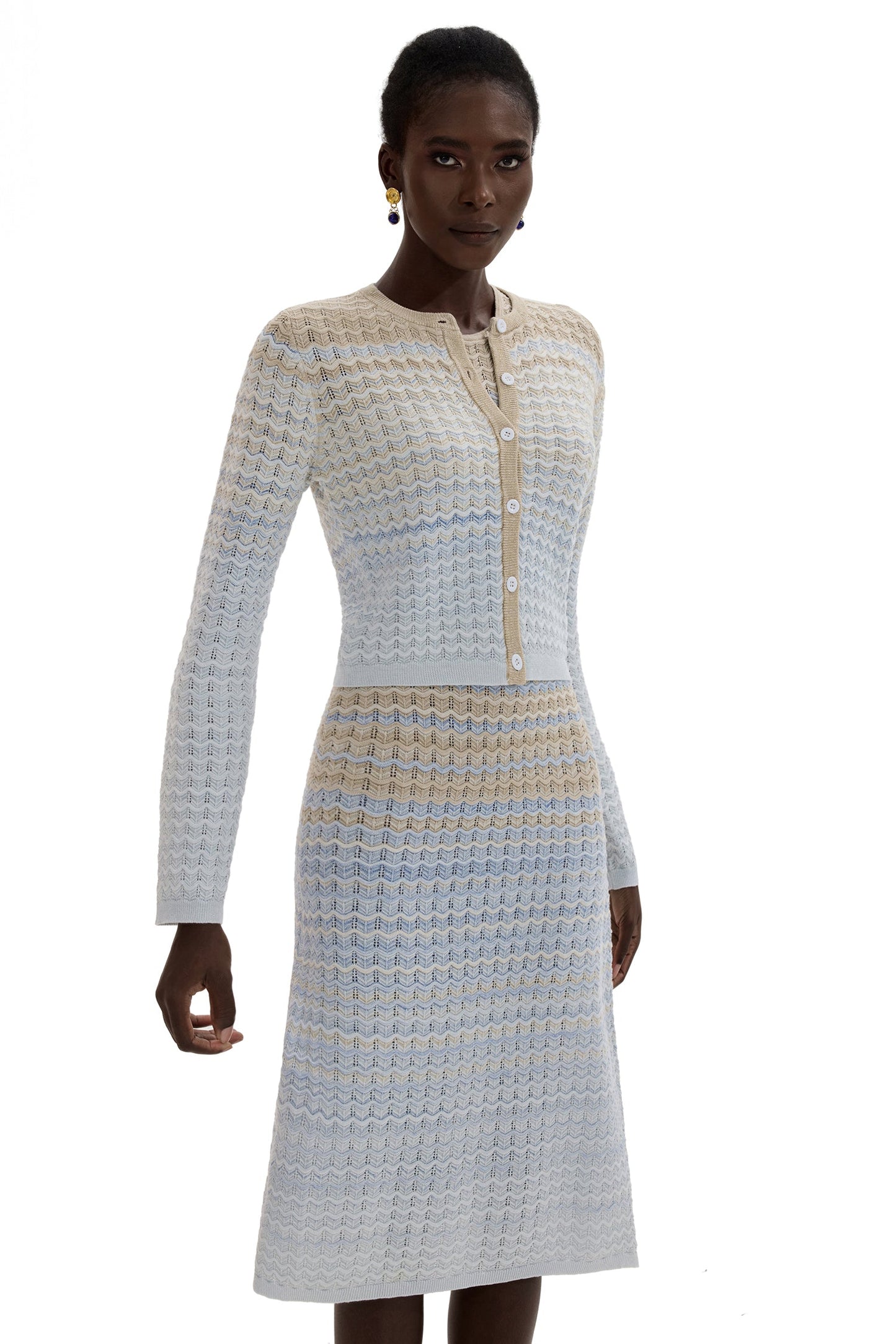 Knit Lurex Long Sleeve Coat & Sleeveless Midi Skirt Set