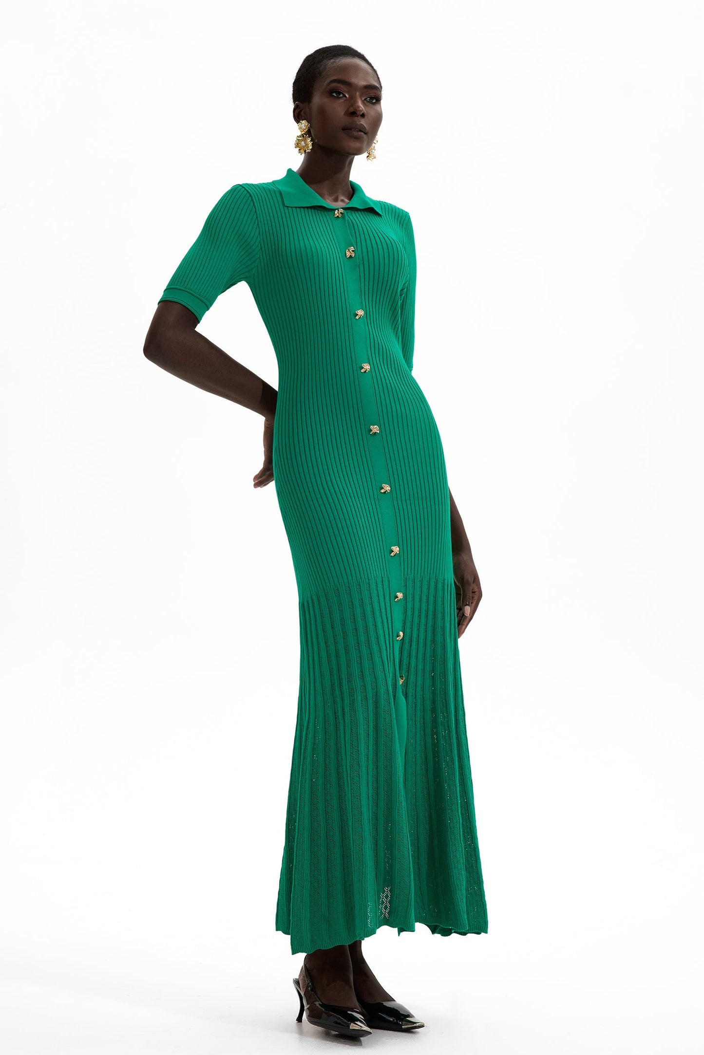Jersey Flapped Metal Button Midi Dress