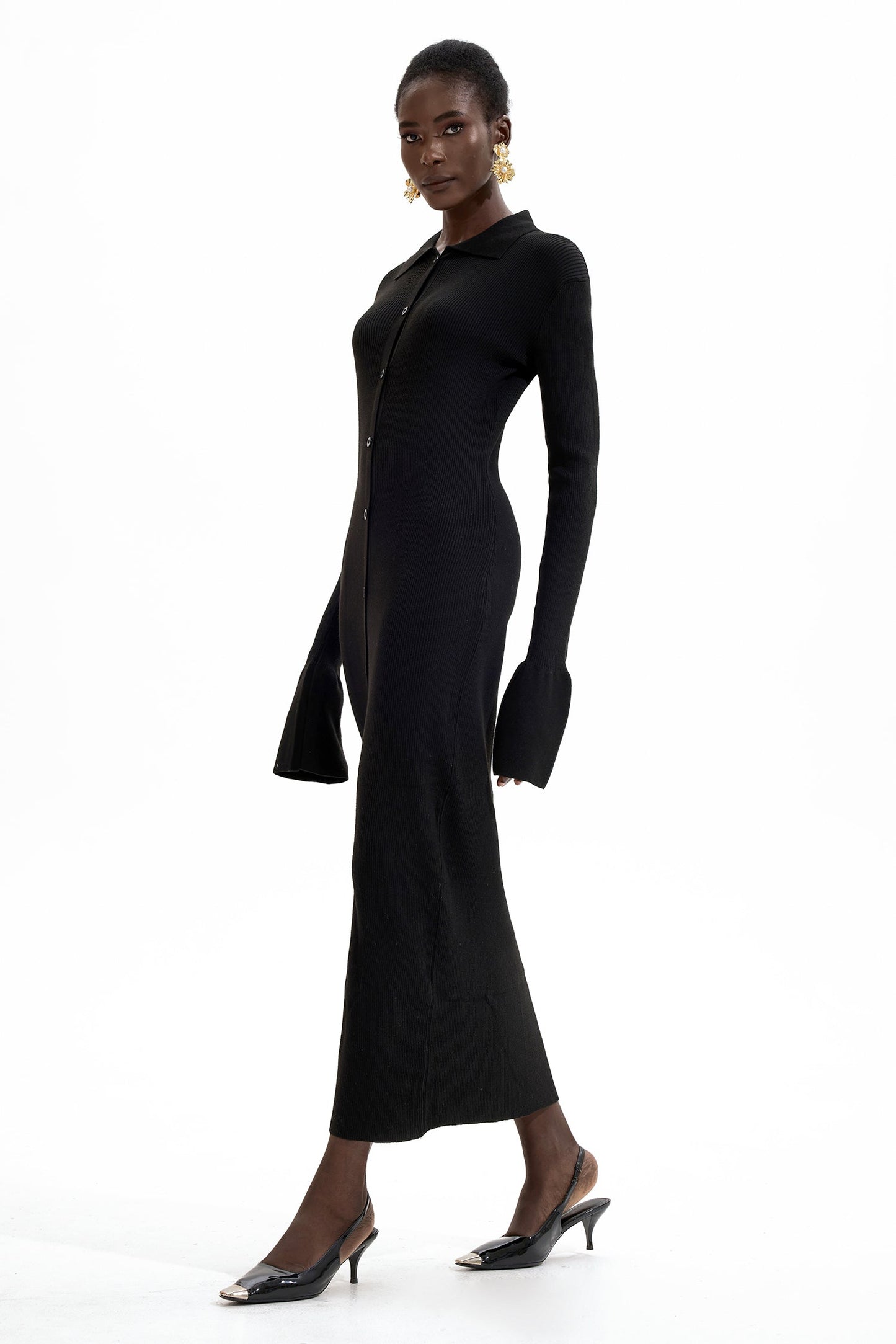 Jersey Button Midi Dress Black