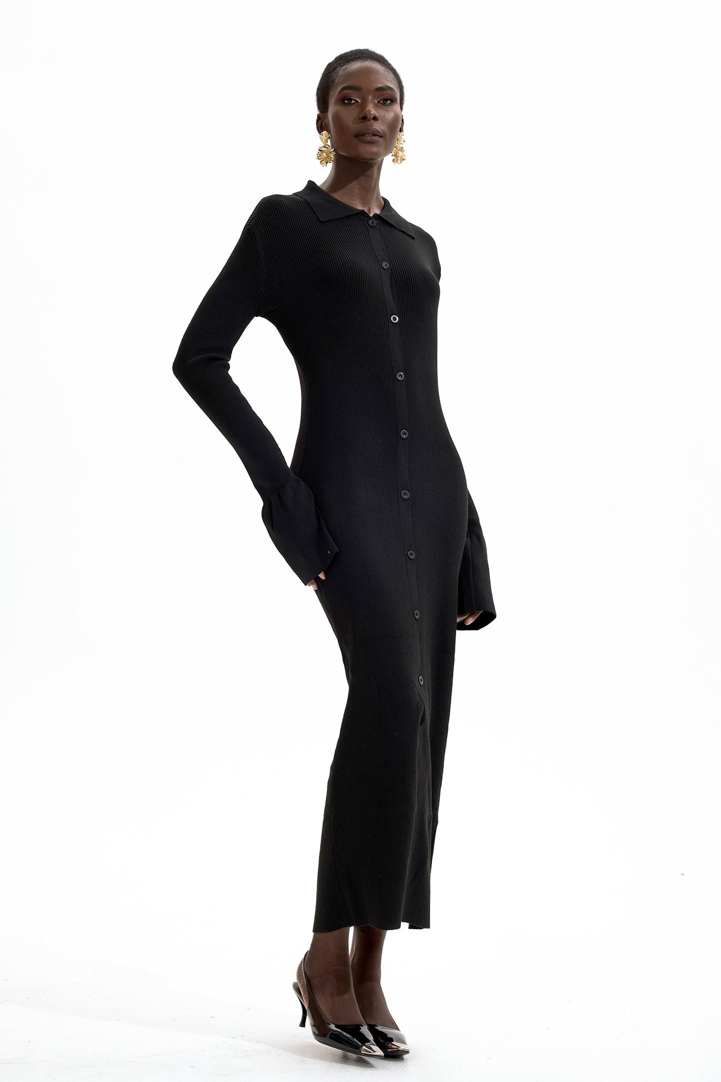 Jersey Button Midi Dress Black