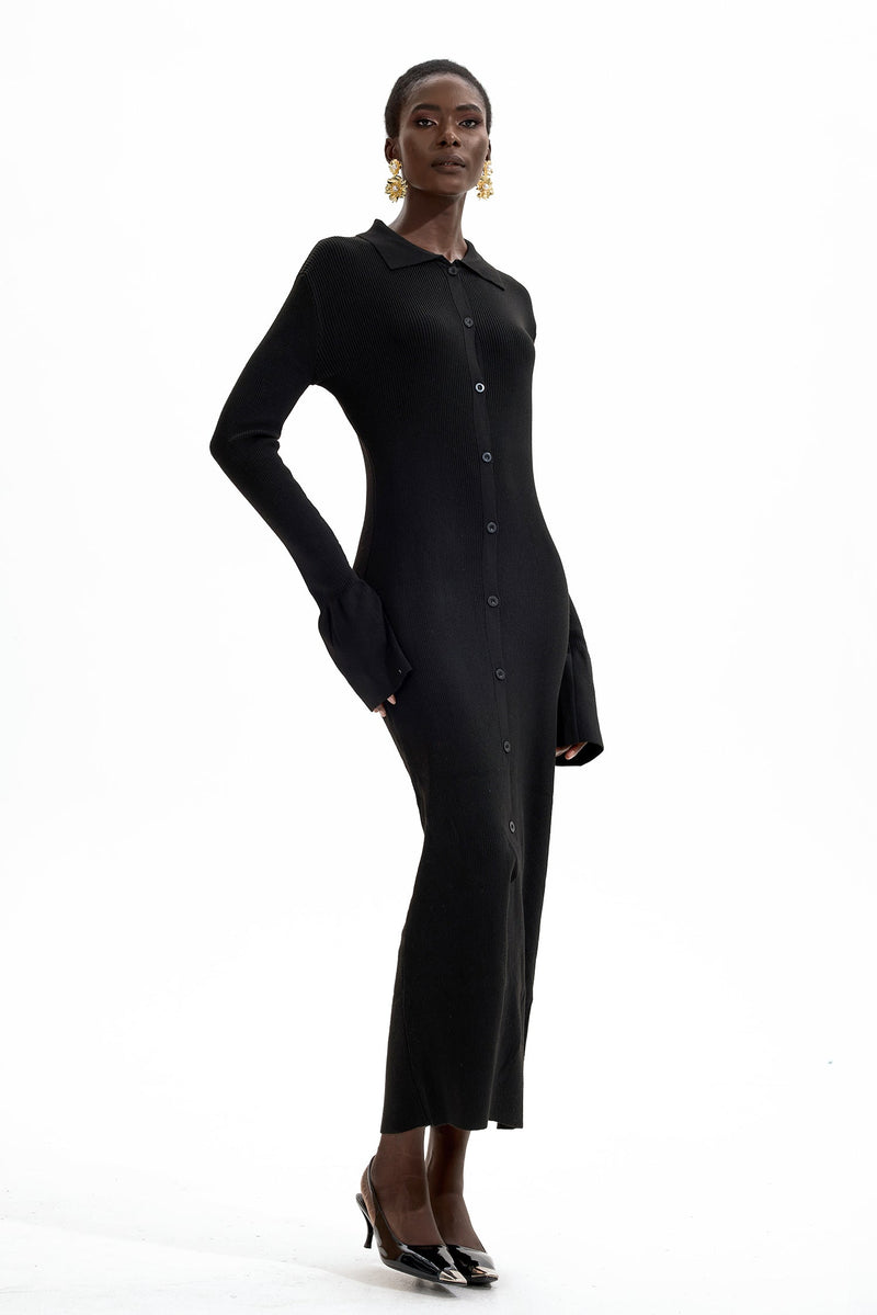 Jersey Button Midi Dress Black
