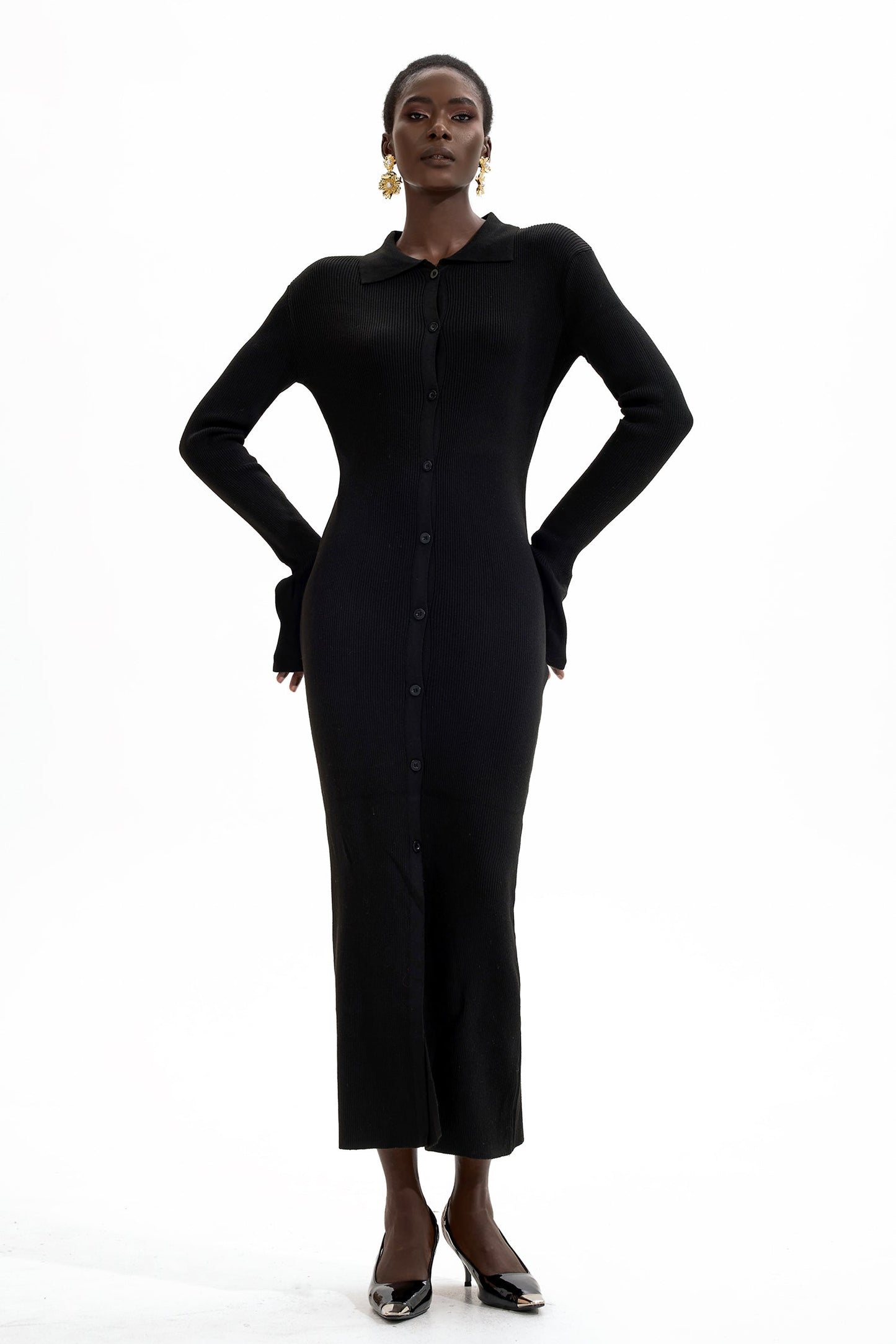 Jersey Button Midi Dress Black