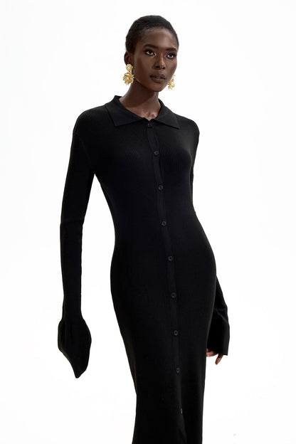 Jersey Button Midi Dress Black