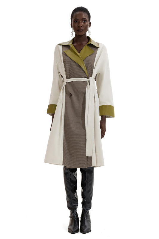 Pu Splicing Houndstooth Long Sleeve Coat With Belt