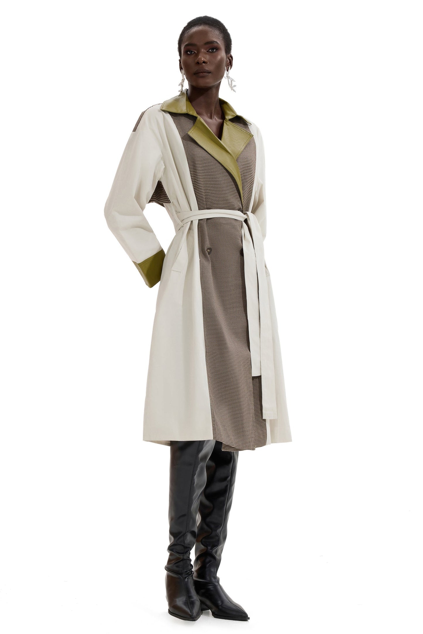 Pu Splicing Houndstooth Long Sleeve Coat With Belt