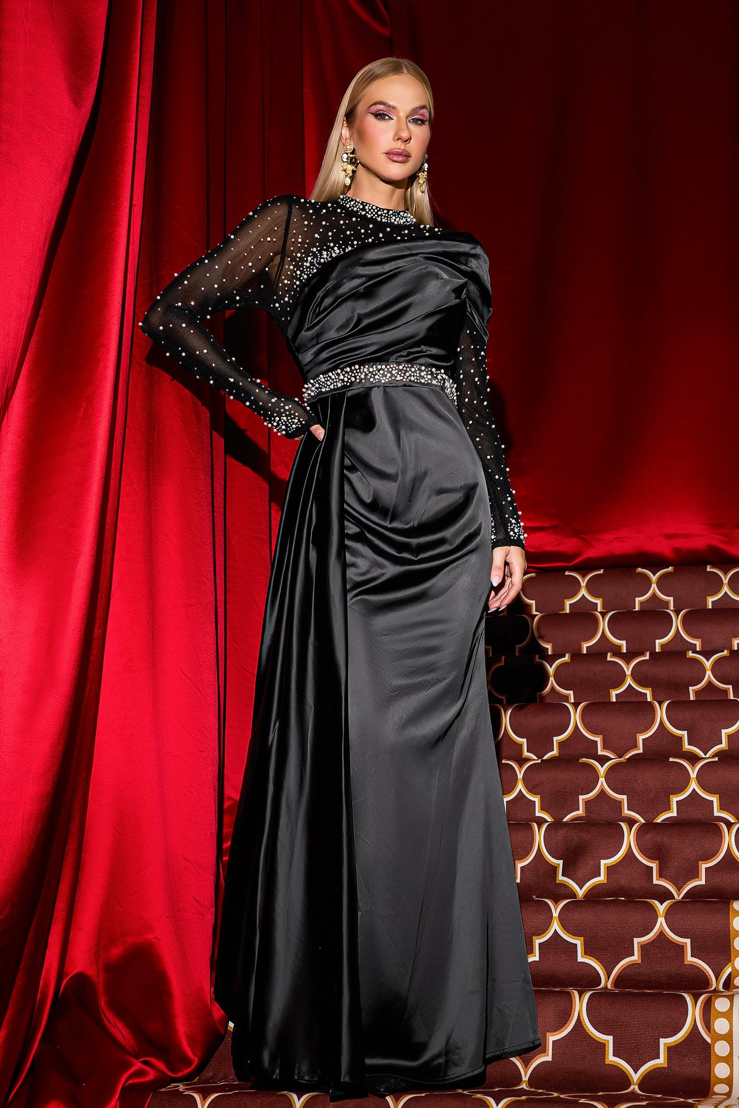Rhinestone Faux Pearl Satin Maxi Dress