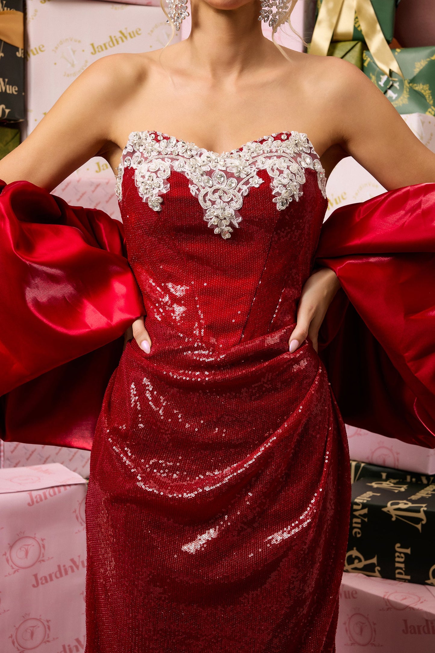 Rhinestone Sequin Sleeveless Maxi Dress With Cape