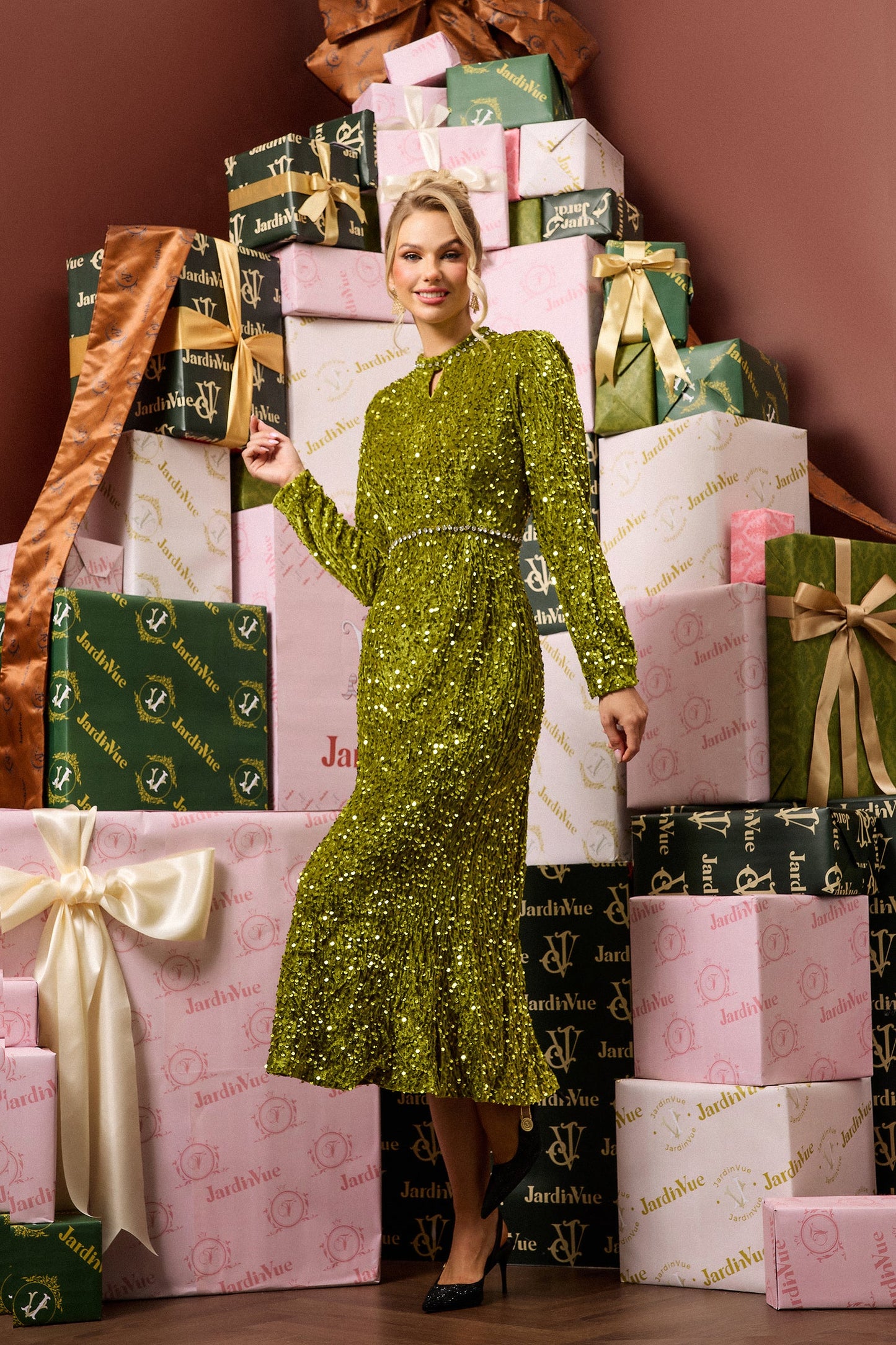 Sequin Velvet Long Sleeve Midi Dress