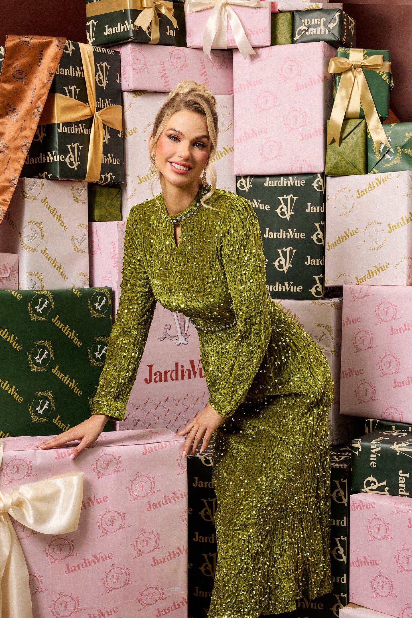 Sequin Velvet Long Sleeve Midi Dress