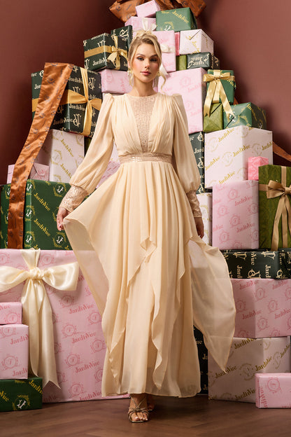 Sequin Puff Sleeve Round Neck Maxi Dress