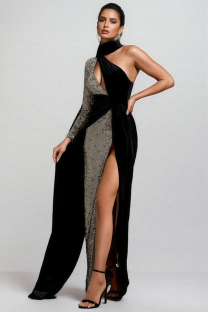 Leo Sequin Splicing Cut Out Maxi Dress