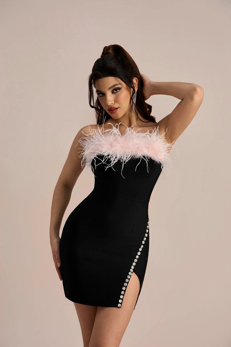 Cynthia Feather Trimmed Crystal Mini Dress