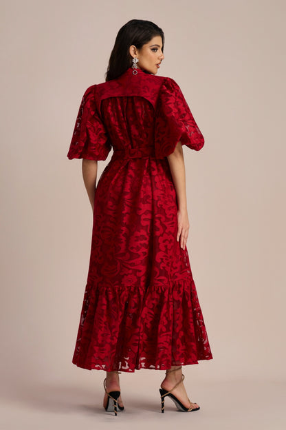 Emma Embroidered Lace Belted Midi Dress
