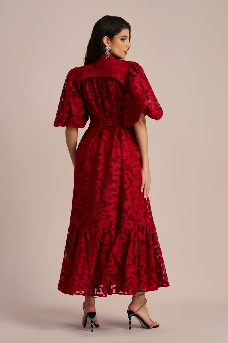Emma Embroidered Lace Belted Midi Dress