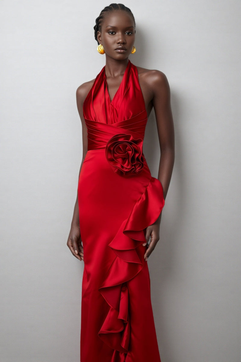 Caiusa Red 3d Ruffle Maxi Dress