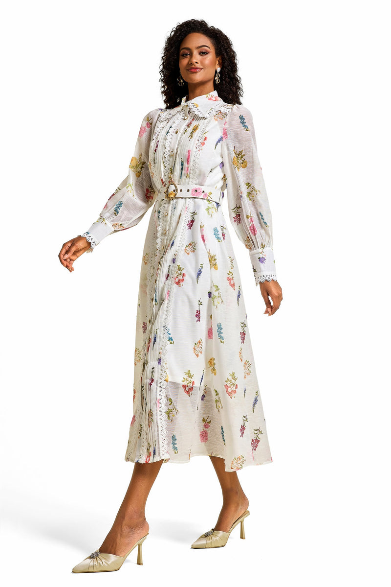 Lace Lantern Sleeve Midi Dress