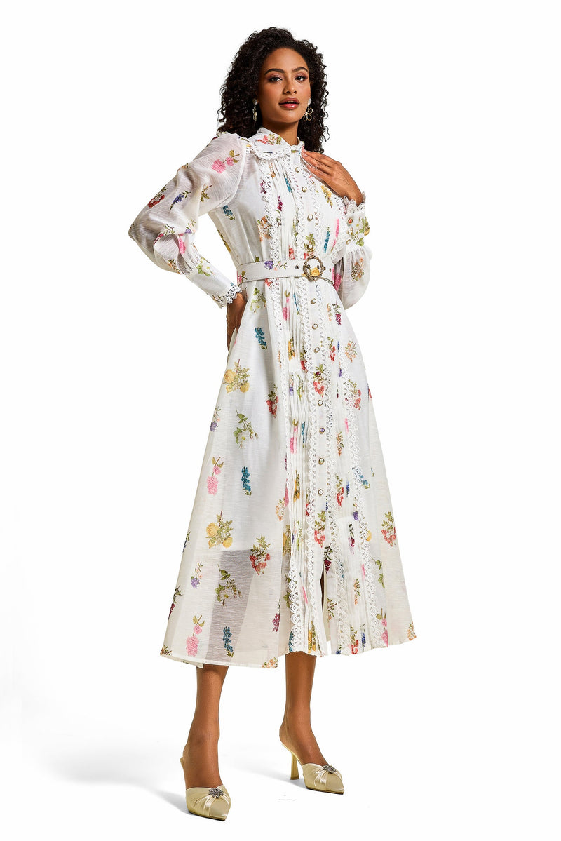 Lace Lantern Sleeve Midi Dress