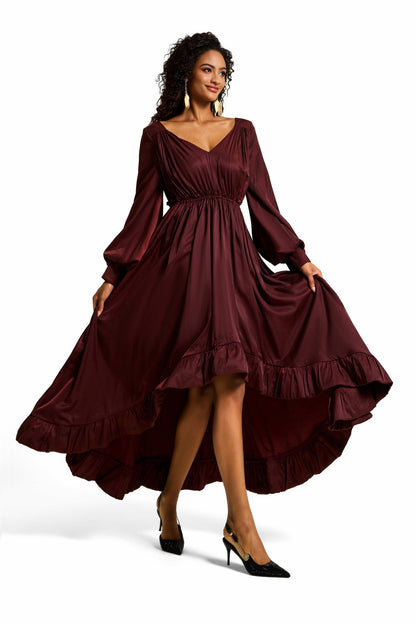 Lantern Sleeve Ruffle Midi Dress