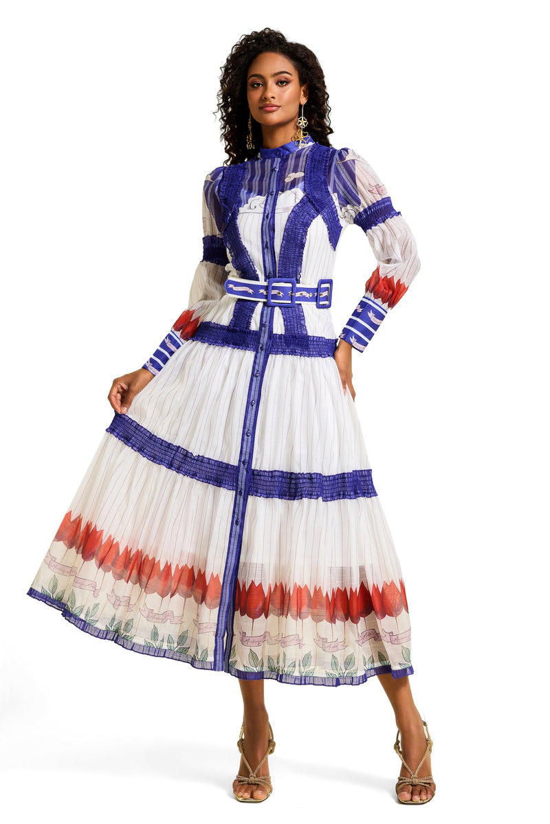 Puff Sleeve Midi Dress With Belt