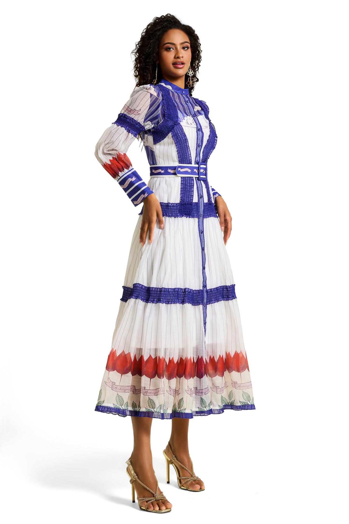 Puff Sleeve Midi Dress With Belt