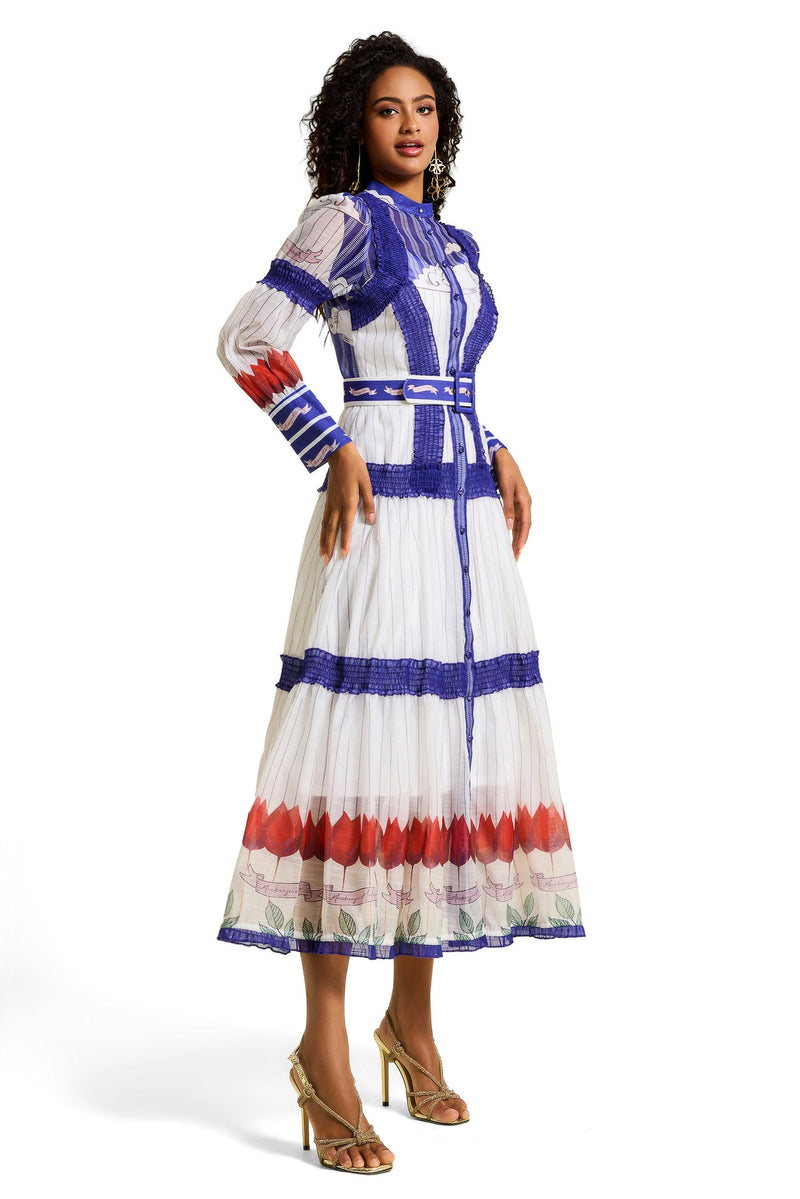 Puff Sleeve Midi Dress With Belt