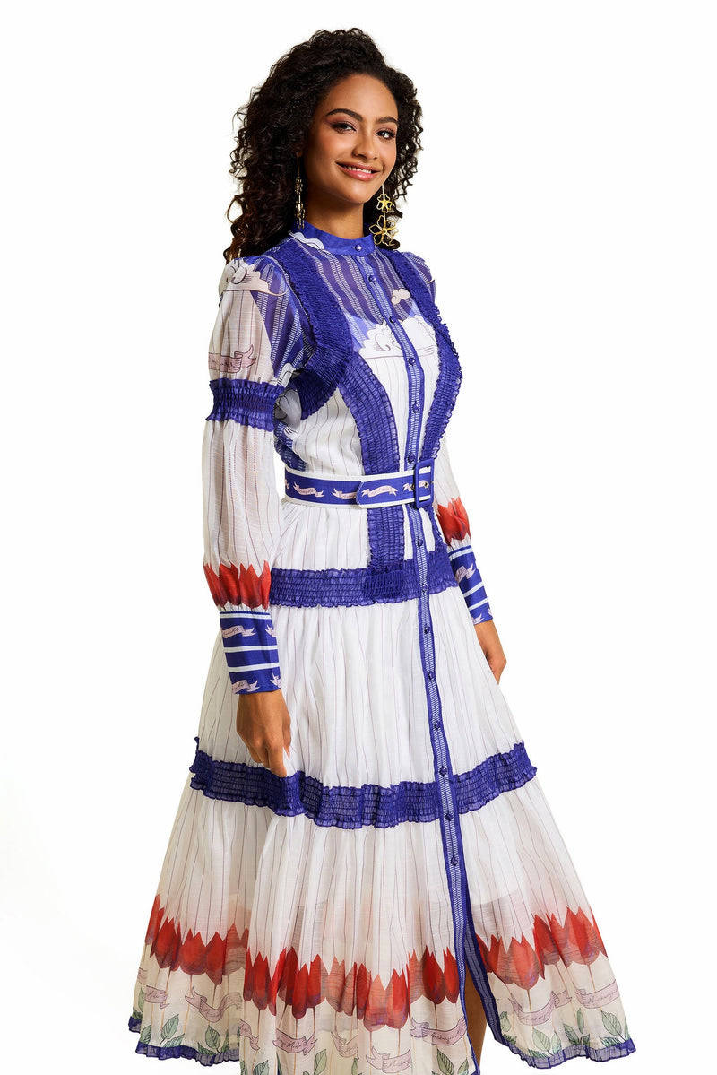 Puff Sleeve Midi Dress With Belt
