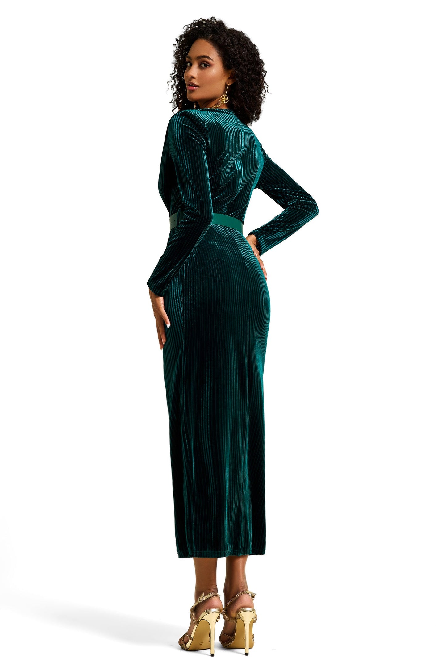 Velvet V-neck Midi Dress With Belt