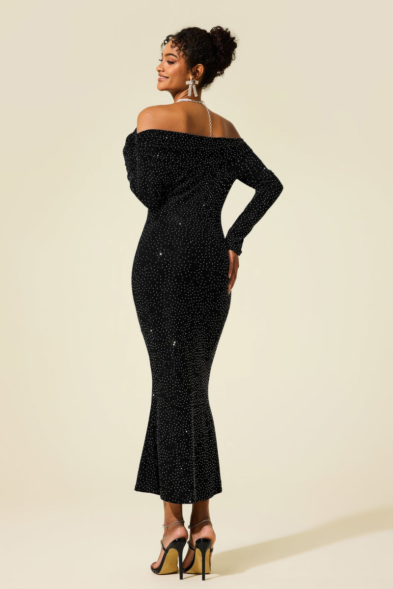 Rhinestone Off-shoulder Midi Dress
