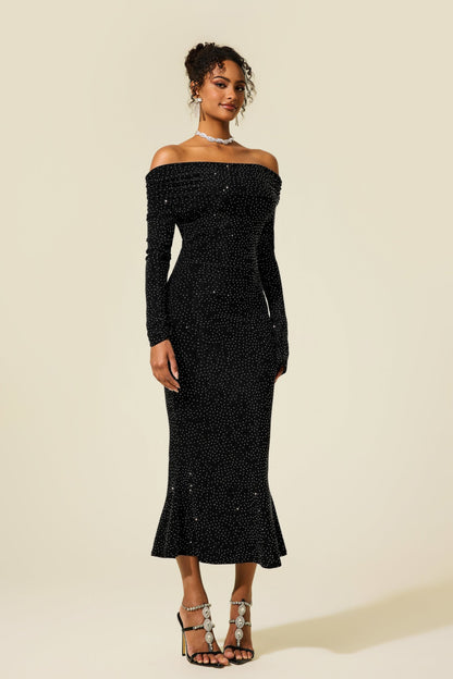Rhinestone Off-shoulder Midi Dress