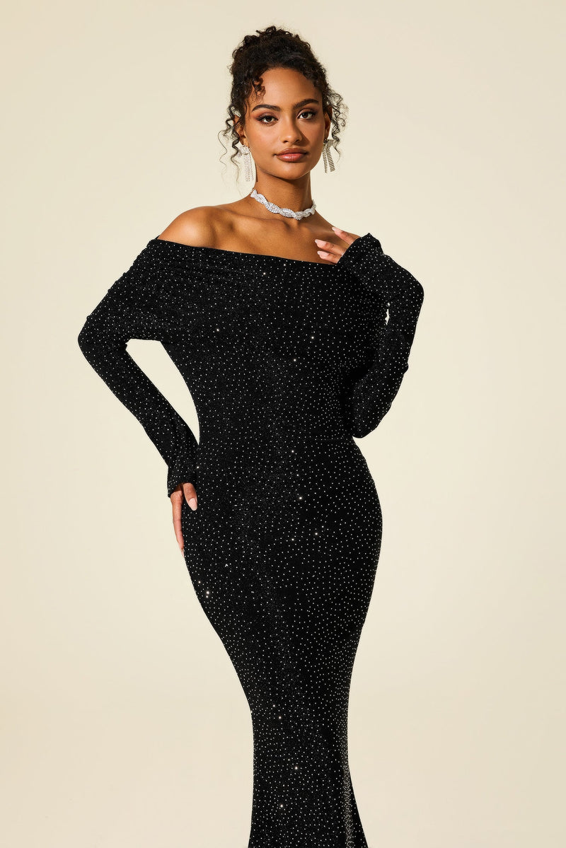 Rhinestone Off-shoulder Midi Dress