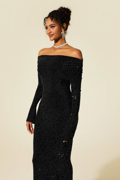 Rhinestone Off-shoulder Midi Dress