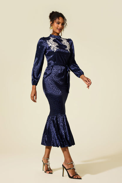 Embroidered Leopard Print Midi Dress