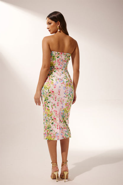 Karen Printed Strapless Midi Dress