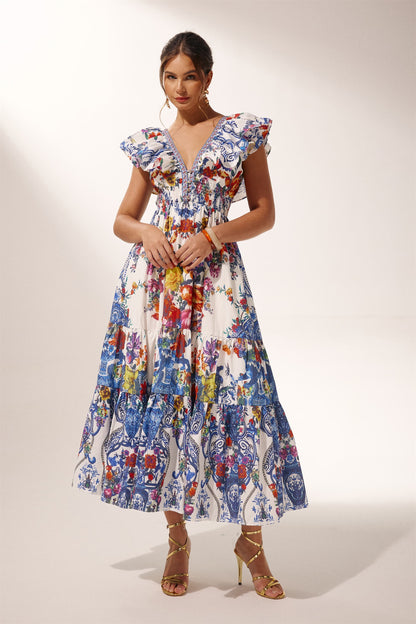 Martina Printed Ruffle Maxi Dress