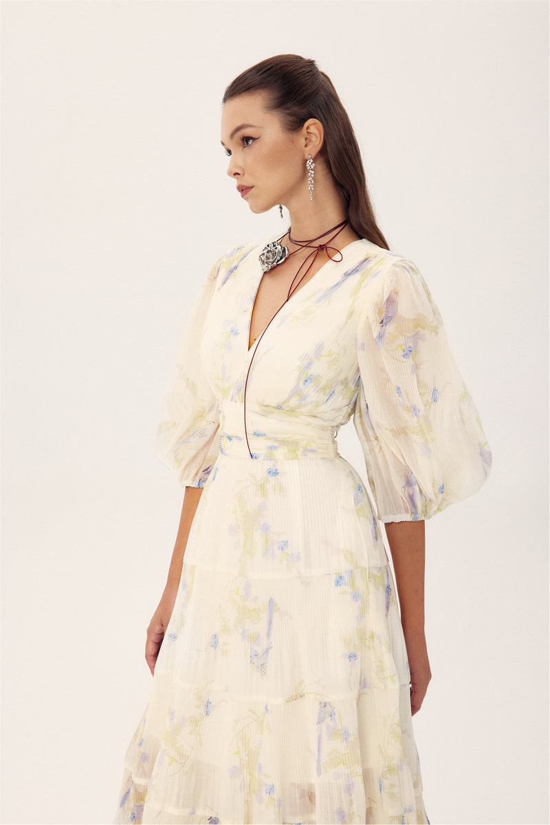 Stephanie Birds Printed V-neck Midi Dress