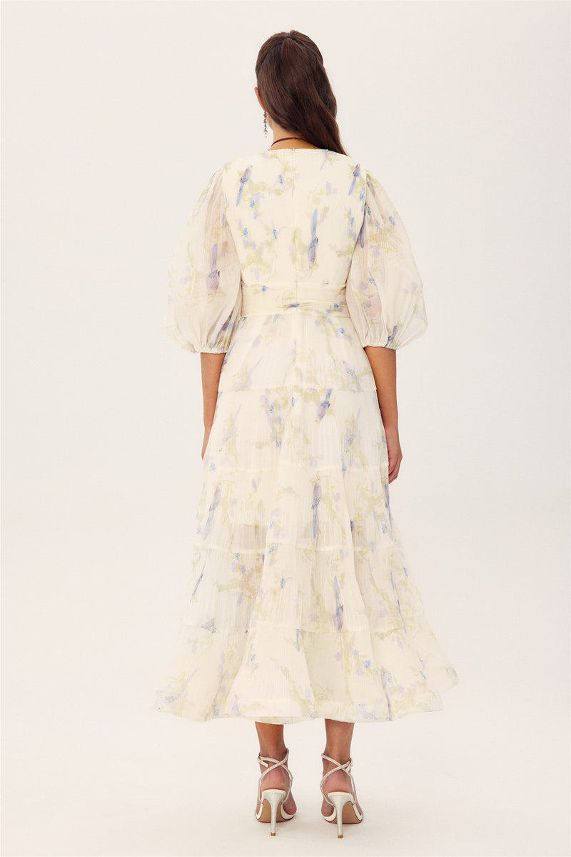 Stephanie Birds Printed V-neck Midi Dress