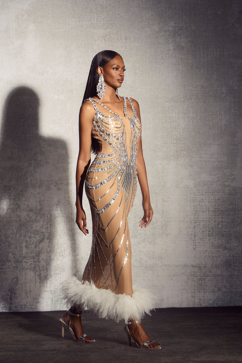 Lena Rhinestone Embellished Feather Trim Maxi Dress