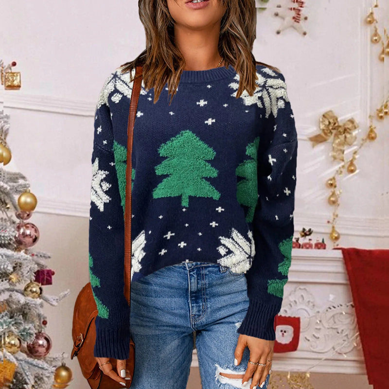 Christmas Tree Print Round Neck Long Sleeve Knitwear Sweater