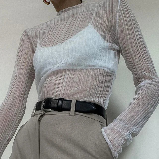 Fall See Through Long Sleeve Mock Neck Tops T-shirts Tees Slim Clothes