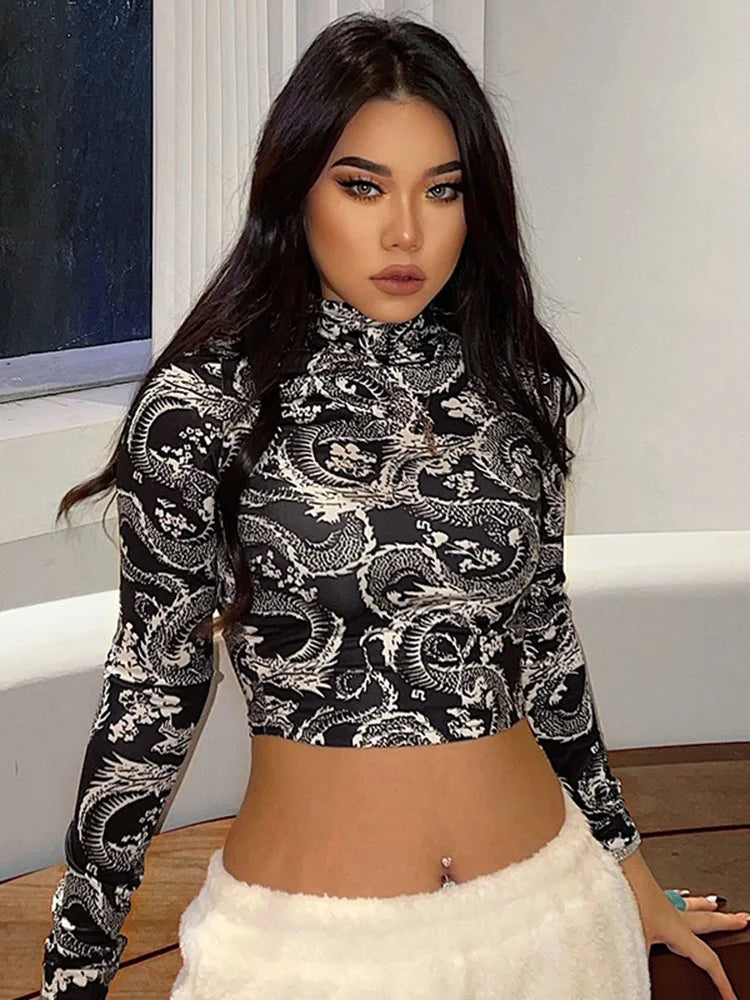 Trend ’s Stylish Dragon Printed Crop Tops Long Sleeve High Collar Slim T-shirt Skinny Tees for Spring Autumn