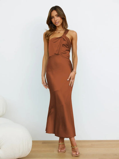 One-shoulder Satin French Slim Midi Dresses