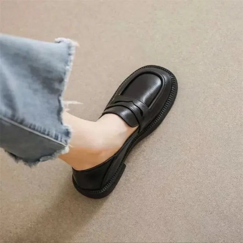 Black Leather Slip on British Style Low Heels Spring Platform Flats Loafers