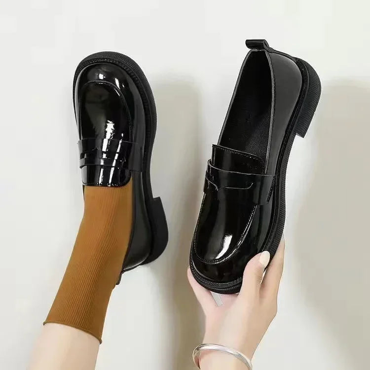 Black Leather Slip on British Style Low Heels Spring Platform Flats Loafers