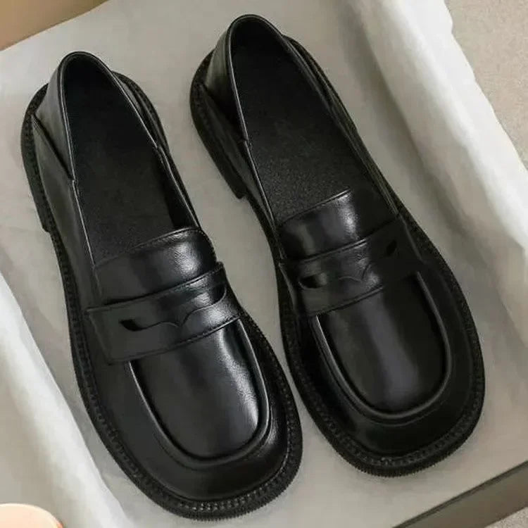 Black Leather Slip on British Style Low Heels Spring Platform Flats Loafers